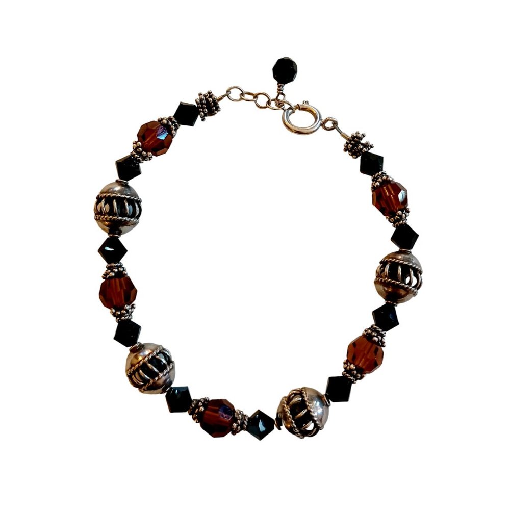 925 Sterling Silver Ornate Glass And Bali Bead 8.5" Long Bracelet